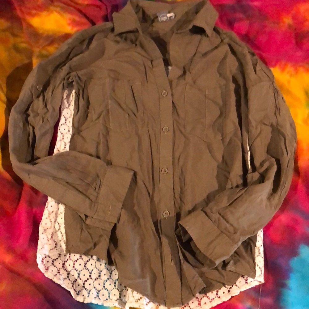 Papercrane crochet back army green button down